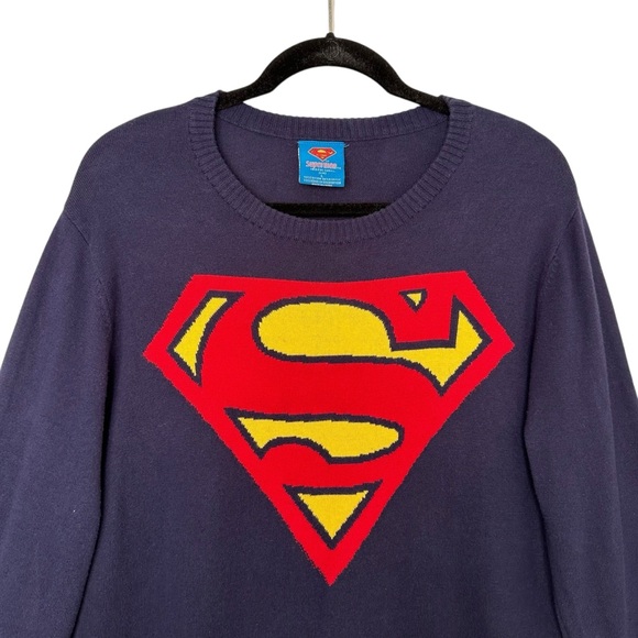 Superman Knit Sweater | DC Comics Logo Pullover | Navy Blue Graphic Sweater L - Picture 3 of 10